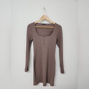 Zara women's brown ribbed midi dress, medium, sleek, feminine, buttons